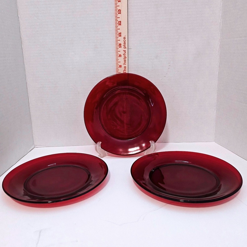 Vintage Anchor Hocking Ruby Red Glass Salad Dessert Plates Set of 3 Round 8 Inch
